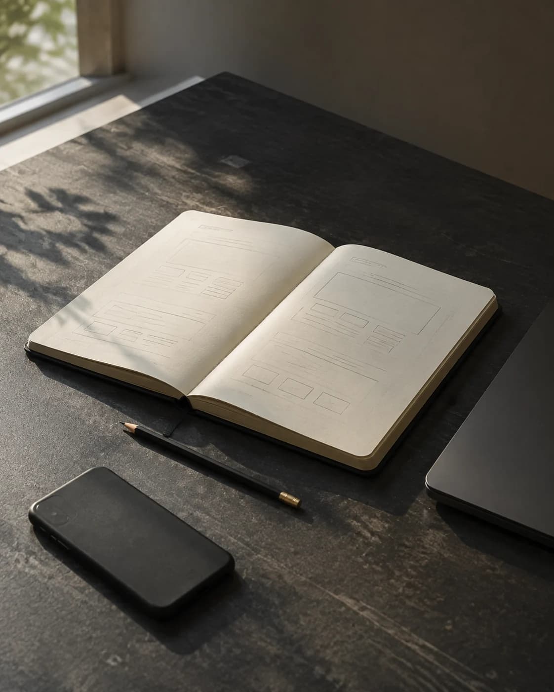 Illustrative workspace with a sketchbook, pencil, and dark devices in warm window light.